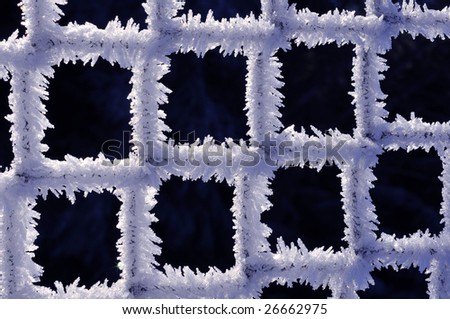 Fine ice crystals on chain-link formed by hoar frost - wide square view