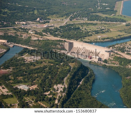 Aerial view of hydro electric plant and dam on Niagara River
