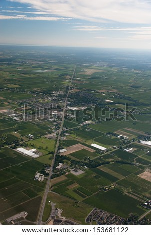 Aerial of agricultural lands and rural town Virgil Ontario