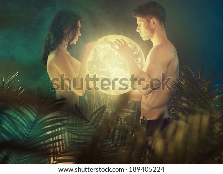 Romantic couple in the tropical jungle