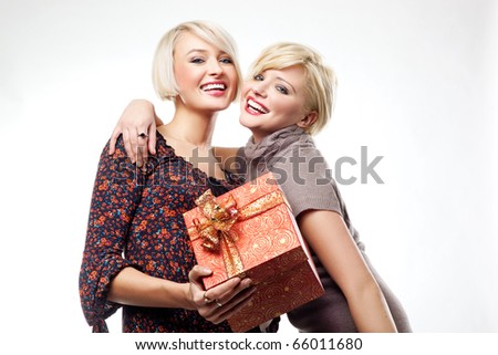 Two blond beauties holding a christmas present