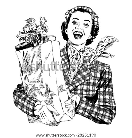 stock vector Vintage 1950s Woman with Groceries Detailed black and white 