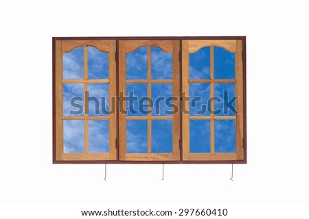 Brown triple-pane windows are arranged on a white background wit