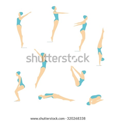 Female Swimming and Diving Color Vector images. Women's position diving.Elements isolated on a white background.