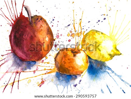 juicy fruit in a spray. Apple, lemon and mandarin watercolor hand sketch