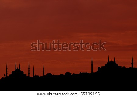 Sunset in Istanbul silhouette with Blue Mosque and The Hagia Sophia