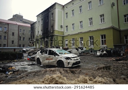 Ternopil, UKRAINE - CIRCA FEBRUARY 2014: Euromaidan. Revolution. Wrecked police car
