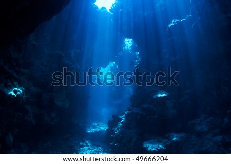 underwater landscape. cave in the coral reef lit sun rays.