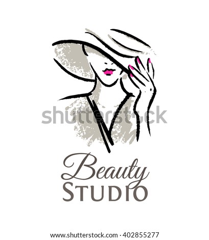 Logo for the beauty studio. Woman in hat with red lips and manicure.