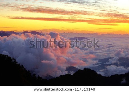 sunset of Hehun mountain in Taiwan,over the sea of clouds.