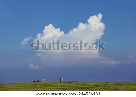 white cloud and blue sky on the grass land