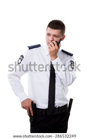 Security guard with walkie-talkie on white background.