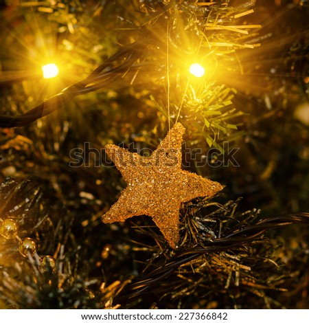 gold star in lights, christmas decorations and fir branch