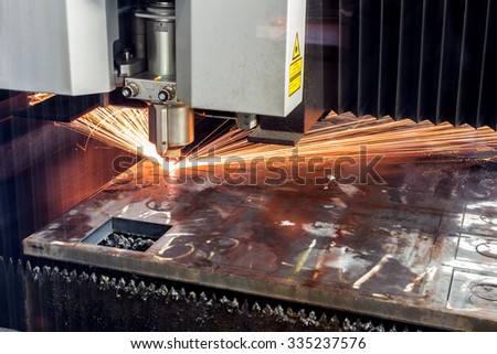 industrial laser cutting processing manufacture technology of flat sheet metal steel material with sparks
