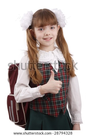 stock photo Smiling little girl in school uniform Young pupil is going to 