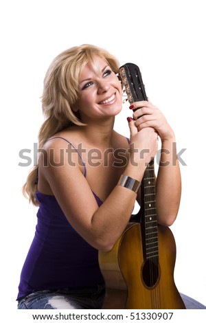 stock photo Beautiful smiling blonde woman is rock star Woman guitar 