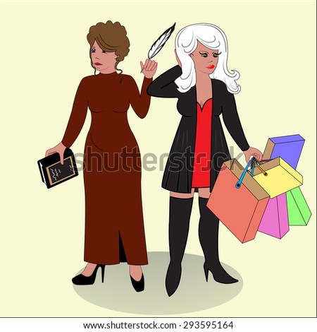 Poetess and shopaholic. People of a profession. Vector illustration.