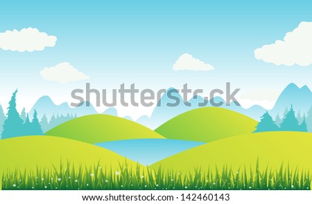 landscape with lake and mountains.