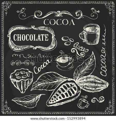 Hand Drawn Cocoa And Chocolate Doodles On Chalk Board