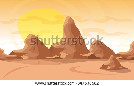Vector illustration. Desert landscape with a chain of high mountains on the horizon on background big sun