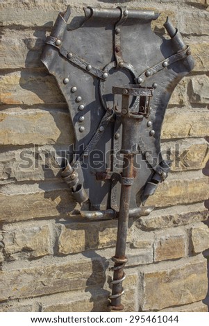 old metal torch with the shield on the wall