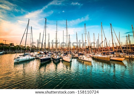 Sea Bay With Yachts At Sunset