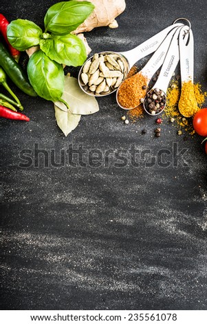 food background for text with herbs and vegetables