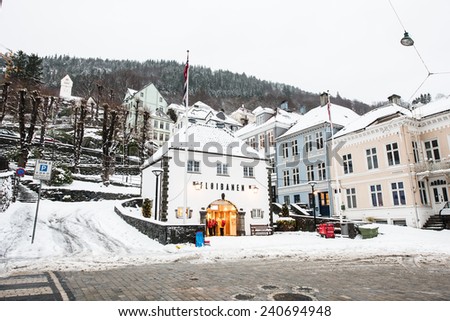 Bergen, Norway - December 29, 2014: Starting point travel to Mount Floyen - building cable Floibanen at Christmas