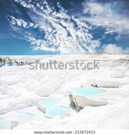 Beautiful blue travertine pools and terraces in Pamukkale Turkey