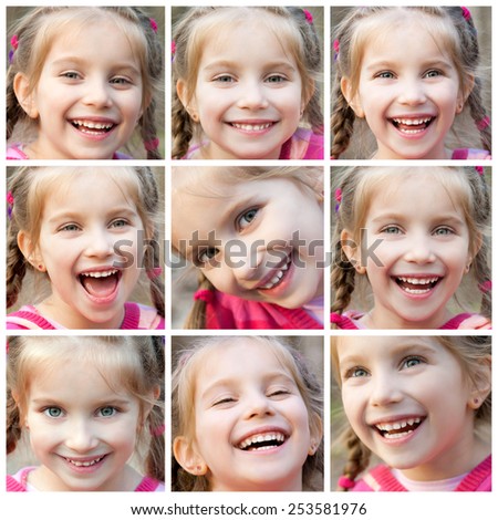 collage of face little cute girl laughing happily