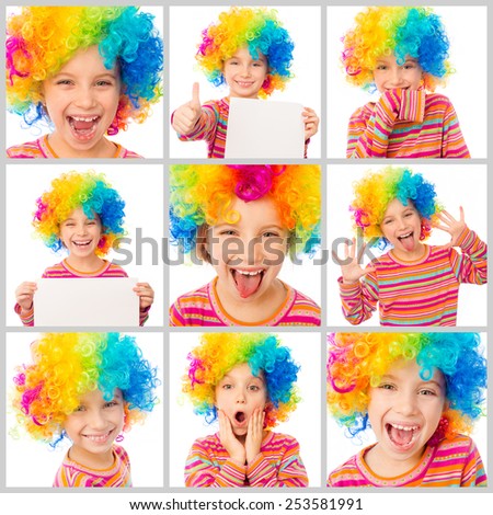 collage of little cute girl with a sheet of paper in his hands and in color clown wig makes faces on a white background