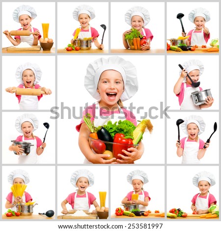 collage of little cute girl in chef\'s hat with fruit and vegetables in the kitchen preparing a meal on a white background