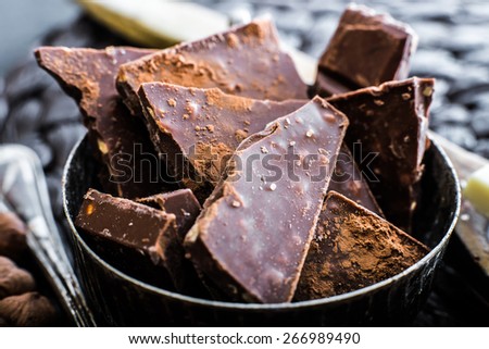 bar of chocolate in a bowl on a dark table