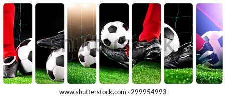 collage of photos foot soccer ball with his feet on the football field