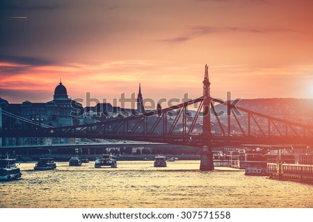 evening view on Budapest from river to the bridge and architecture