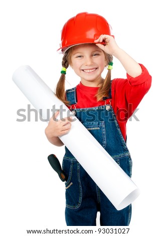 little girl in the construction helmet with a poster