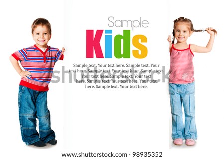 girl and boy beside a white blank with sample text girl and boy beside a white blank with sample text