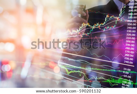 Double exposure business man on stock financial exchange. Stock market financial  indices on LED. Economy return earning. Stock market financial overview in market economy. Economy analysis background