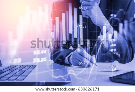 Business man analysis accounting cost on stock accounting invest chart. Stock financial overview in accounting market. Market invest strategy concept. Stock market financial invest strategy background