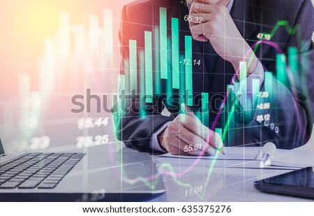 Double exposure man on stock financial data. Stock market financial information on LED.Economy return earning. Stock market financial overview in market economy. Economy information technology concept