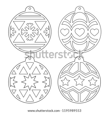 Christmas balls. A set of stencils for cutting. Decorating the Christmas tree for laser cutting, plotting cutting, printing. Vector outline image on a white background.