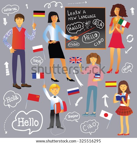 Cartoon set of people. Children, men, women, teacher at the blackboard. Learning foreign languages. Flags of different countries, arrows, bubbles with greetings in different languages.
