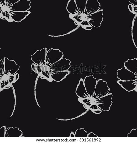 Vintage vector seamless pattern with hand-drawn flowers. White flowers on the black background.