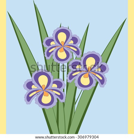 Vector illustration of bouquet of iris flowers. Card of purple abstract flowers with leaves on the light blue background.