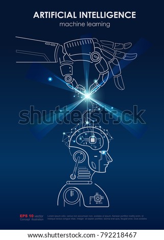 Artificial intelligence (AI) and Machine learning poster concept. Robotic hand put digital big data, neural networks and  printed circuit board into robotic\'s brain for deep learning. Vector outline.