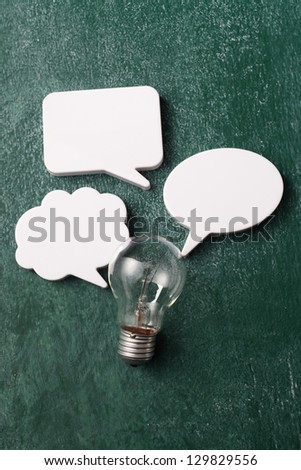 speech bubbles and the light bulb on the blackboard