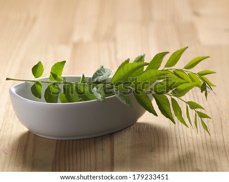 fresh curry leaf on top of white bowl