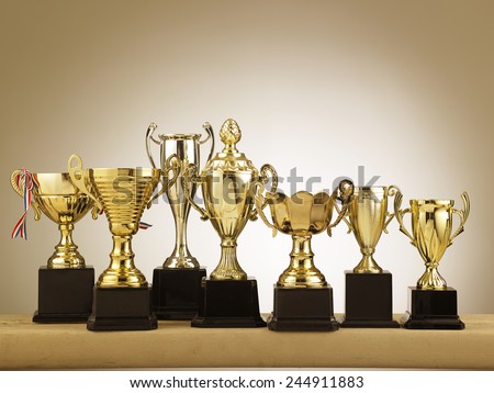 group of trophies on the table