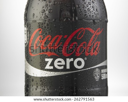 Kuala Lumpur-Malaysia : March 23,2015 Photo of a bottle of Coca-Cola Zero. The brand is one of the most popular soda products in the world and it is sold almost everywhere