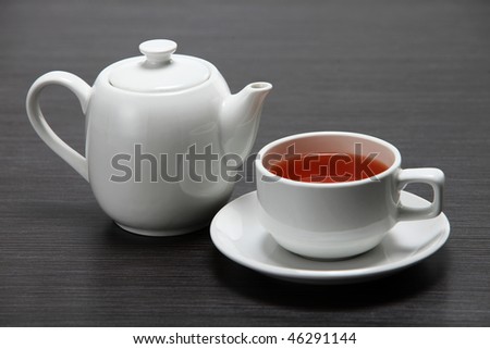 close up of the tea cup and tea pot